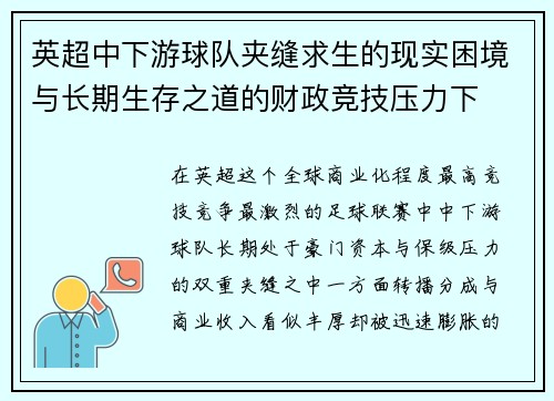 英超中下游球队夹缝求生的现实困境与长期生存之道的财政竞技压力下