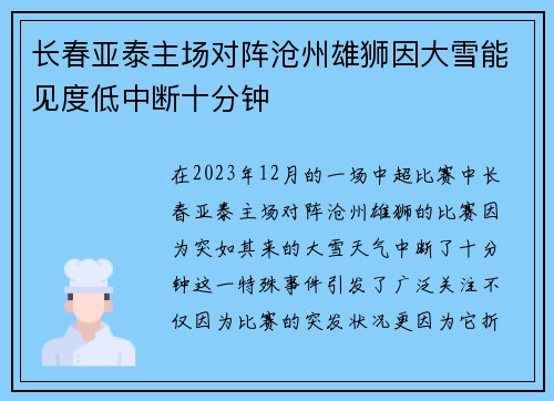 长春亚泰主场对阵沧州雄狮因大雪能见度低中断十分钟